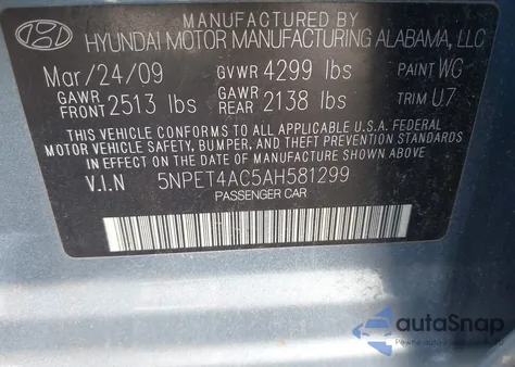 2010 Hyundai Sonata Gls z USA, uszkodzony, nr VIN 5NPET4AC5AH581299